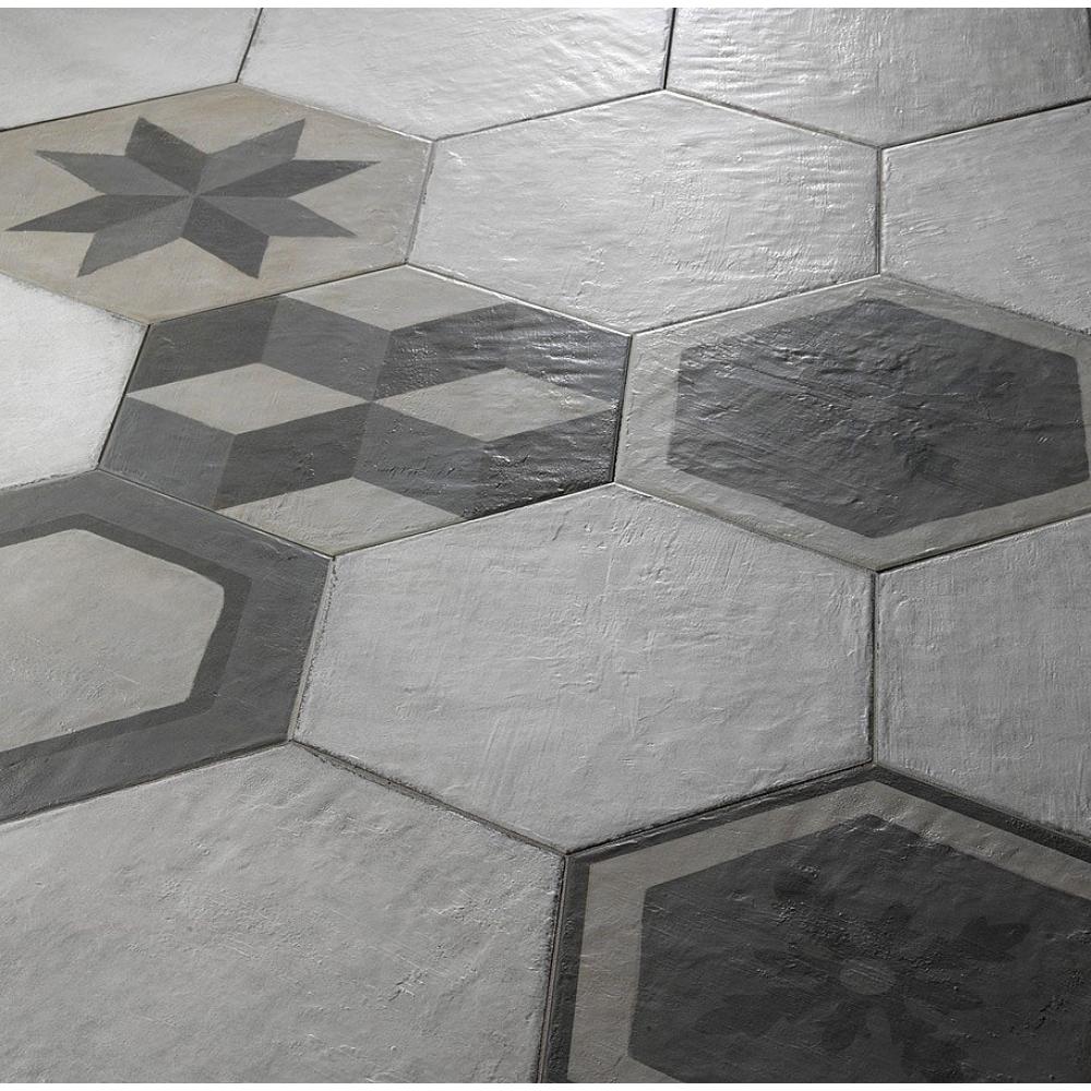 hexagon alaku szurke csempe rusztikus greslap nappali eloszoba konyha furdoszoba lameridiana lakberendezes.jpg